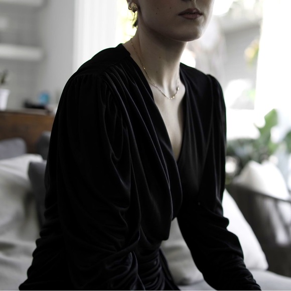 Vintage 1980s Black Formal Wrap Drape Dress with Beaded Brooch Closure.. Size 8 - Picture 6 of 16